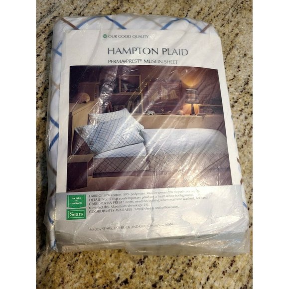 Vtg Sears Hampton Plaid  Full Flat Sheet Perma Prest Muslin 82X96 New Old Stock - Picture 1 of 8